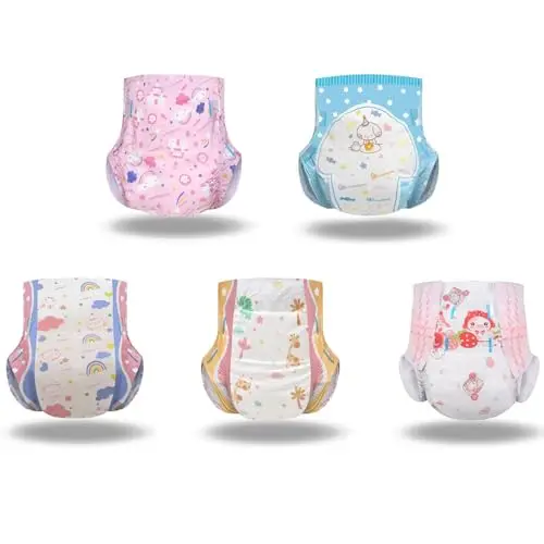 Landofgenie Erwachsene Windeln Gedruckte Windel Auslaufsicher Hochabsorbierend Erwachsene Baby Nachtwindeln Mit Tabs 10 Stück, 5 Designs, 2x je (Medium 28"-38")