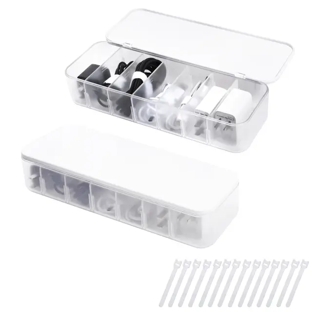 FRETONBA Kabel Aufbewahrungsbox 2 Stück, Transparent Kabel Organizer Box mit 7 Fächer und 14 Kabelbindern für die Aufbewahrung auf dem Schreibtisch (Büro)