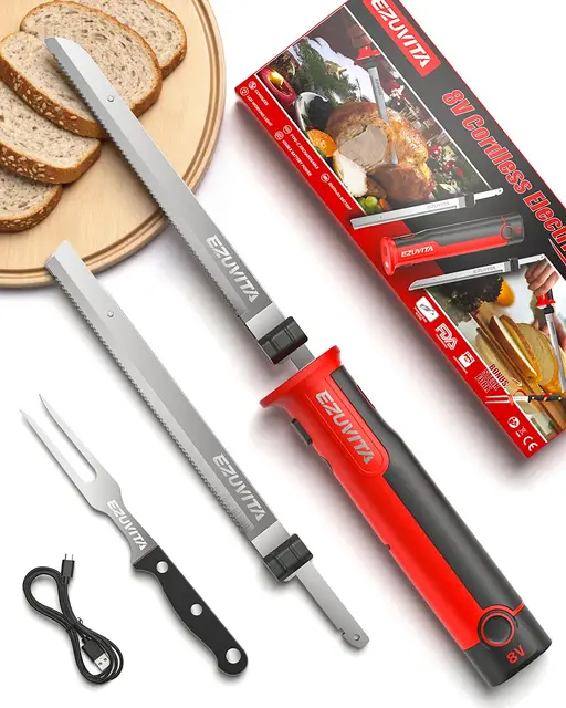 8V Elektromesser, Kabelloses Küchenmesser mit 2 Edelstahlklingen, Elektrisches Messer mit Gabel, austauschbarer 2000-mAh-Akku, geeignet für Truthahn, Fleisch, Geflügel, Brot, Käse (Rot)