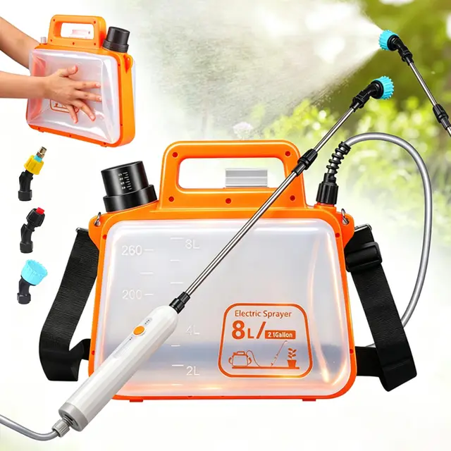 Akku Drucksprüher 8L faltbar – Elektrische Sprühflasche mit wasserdichtem Bedienhandgriff & 2500mAh Lithium-Akku, Teleskoplanze & 3 Düsen – Gartenspritze für Pflanzenpflege, Bewässerung (Orange)
