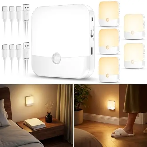daphomeu 6 Stück Wiederaufladbare Nachtlichter mit Bewegungsmelder, 3 Lichtfarben + Dimmbar, Kabellose LED Treppenlichter für Schlafzimmer, Flure, Kinderzimmer, Schränke und Küchen