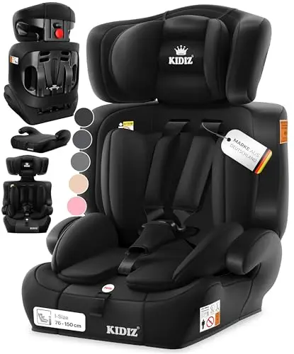 KIDIZ® Autokindersitz i-Size R129 100-150cm bis 12 Jahre, Kinderautositz Gruppe 1/2/3 ohne Isofix, mitwachsender Kindersitz, 5-Punkt-Gurt & höhenverstellbare Kopfstütze, Sitzerhöhung Auto, Schwarz