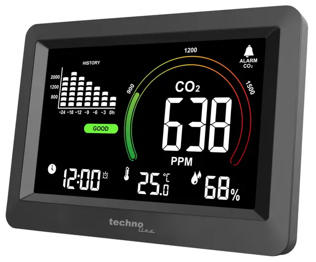 CO2 Messgerät WL1028 mit Uhr – Luftqualitätsmonitor, CO2 Sensor (400–5000 ppm), Temperatur & Luftfeuchtigkeit, Farbdisplay, CO2 Alarm, Akku & USB, stehend platzieren oder Wandmontage