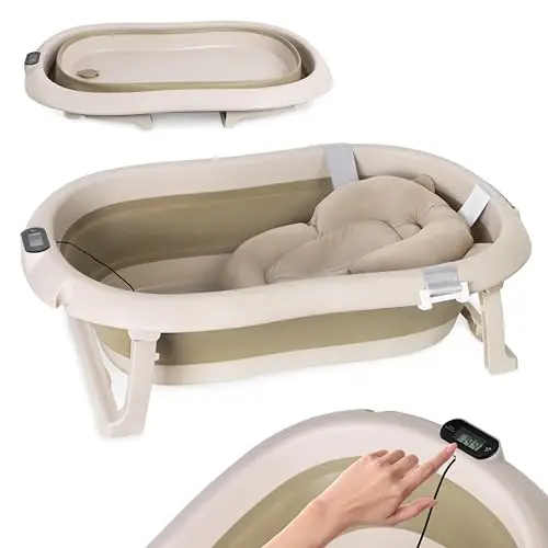 Baby Badewanne Faltbare Babybadewanne - Beige Babywanne mit Thermometer und Badekissen - 80cm Baby Bathtub für Kinder 0-36 Monate - Kinderbadewanne Rutschfeste Tragbare