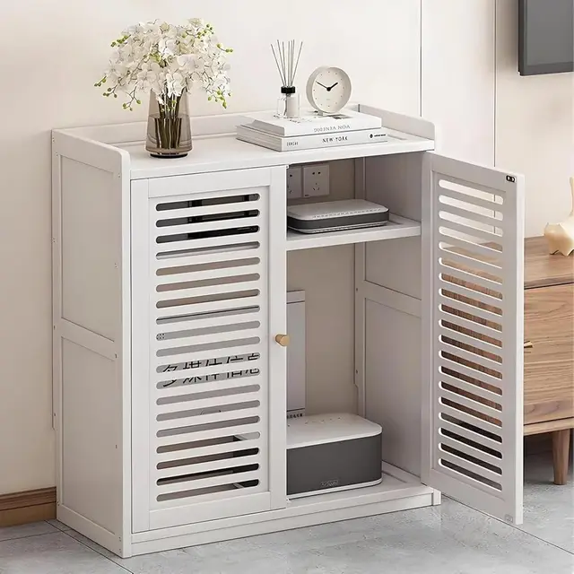 Aufbewahrungsbox für WLAN-Router aus Bambus, freistehender Schrank mit verstellbaren Einlegeböden und 2 Türen, Kabelmanagement-Lösung für Schlaf- und Wohnzimmer, Weiß, 59 x 25 x 67 cm