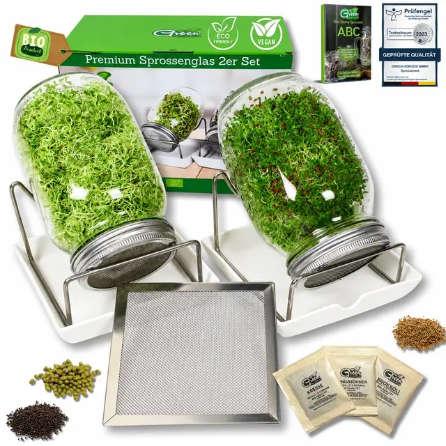 Green SEEDS® [Das Original Sprossenglas 2er Set + KRESSESIEB mit hochwertigem Edelstahl-Gitterdeckel, Ständer, Keramikschale + Sprossen-ABC [Druckversion] Keimglas Anzuchtset