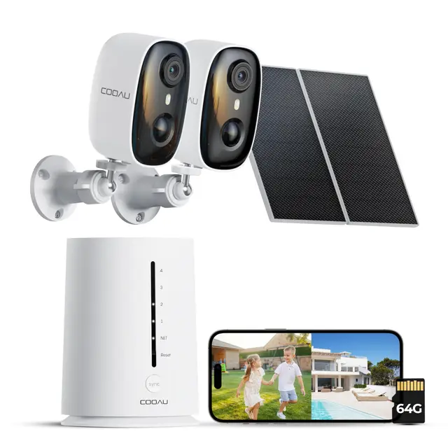 COOAU 4MP Überwachungskamera Aussen Solar Set, 2.5K Kabellose WLAN Akku Kamera Überwachung Aussen mit 64G Lokal Speicher, 5GHz/2.4GHz, Ohne Monatliche Gebühren, Farb-Nachtsicht, 2 Pcs