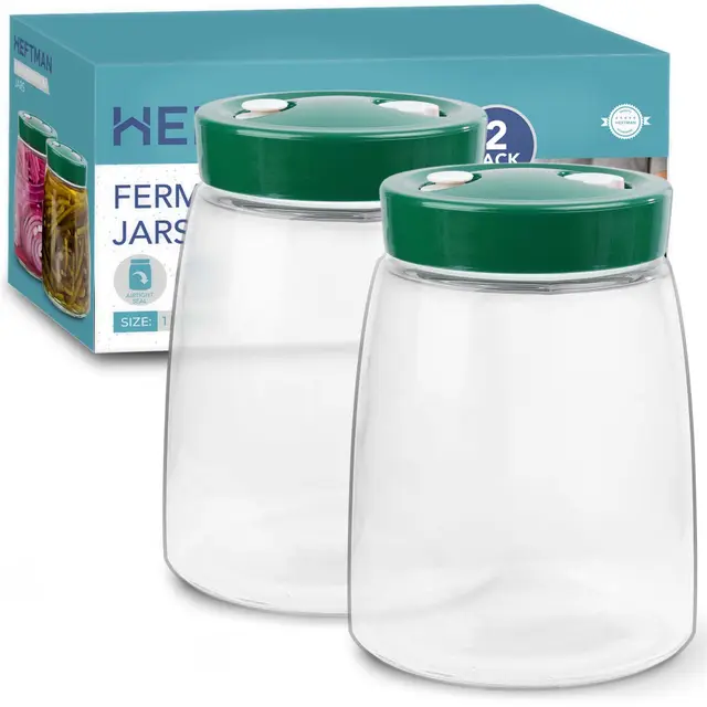 HEFTMAN Gärglas mit Entlüftungsventil mit 1-Wege-Entlüftung - 2 Stück | 1,4L 2er-Pack Lebensmittelecht Fermentierglas für Kefir, Kimchi, Sauerkraut, Sauerteigstarter, Overnight Oats - Grün