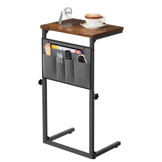 HOOBRO C-Form Beistelltisch, Höhenverstellbar 50–75 cm, Sofatisch, Couchtisch mit 5 Oxford-Stofftaschen, für Wohnzimmer, Schlafzimmer, Badezimmer, Freizeitbereich, Vintagebraun und Schwarz EBF77SF01