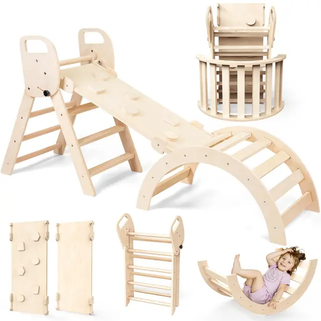CozyLazy 7-in-1 Kletterdreieck mit Rutsche und Kletterbogen, Holz Beige