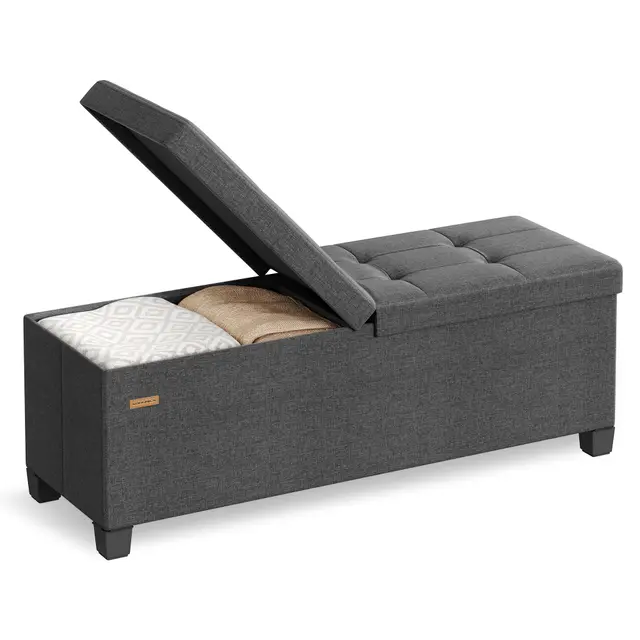 SONGMICS Sitzbank mit Aufbewahrung, mit Beinen, Aufbewahrungsbox, faltbar, mit klappbarem Deckel, Sitzbank, für Wohnzimmer, Schlafzimmer, Eingang, Stoff in Leinenoptik, 110 cm, Schiefergrau LSF079GN01