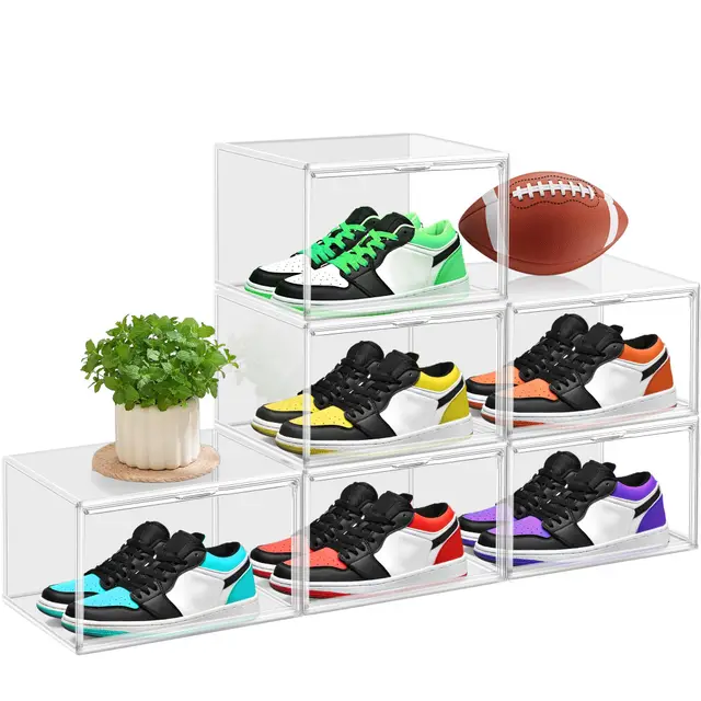 8 Stück Kunststoff Schuh Aufbewahrung Box Fit EU 46, stapelbare Schuh Display Case mit Magnet Acryltür, transparente klare Kunststoff Sneaker Boxen Boot Handtasche Organizer Schuhbehälter