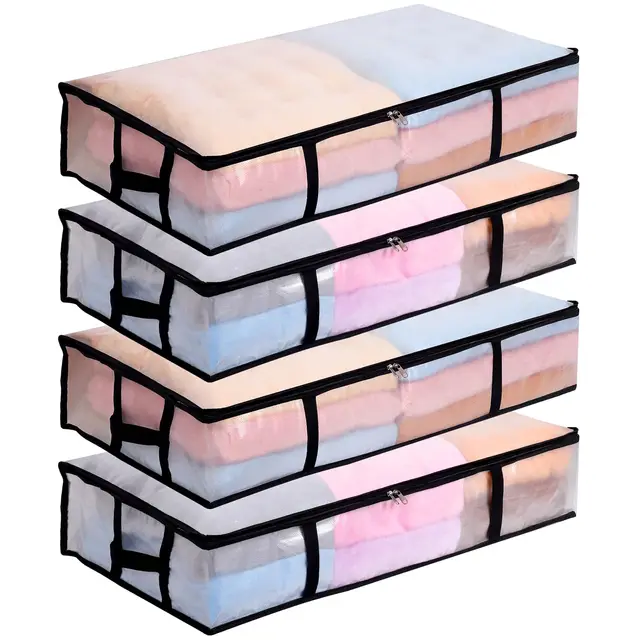 Dntorx 4 Stück 90L Unterbett Aufbewahrungsbox mit Deckel Groß, Transparente Unterbettkommode Faltbare Aufbewahrungstasche mit Griff, Unterbett Aufbewahrung für Bettdecken Kissen Kleidung Aufbewahrung