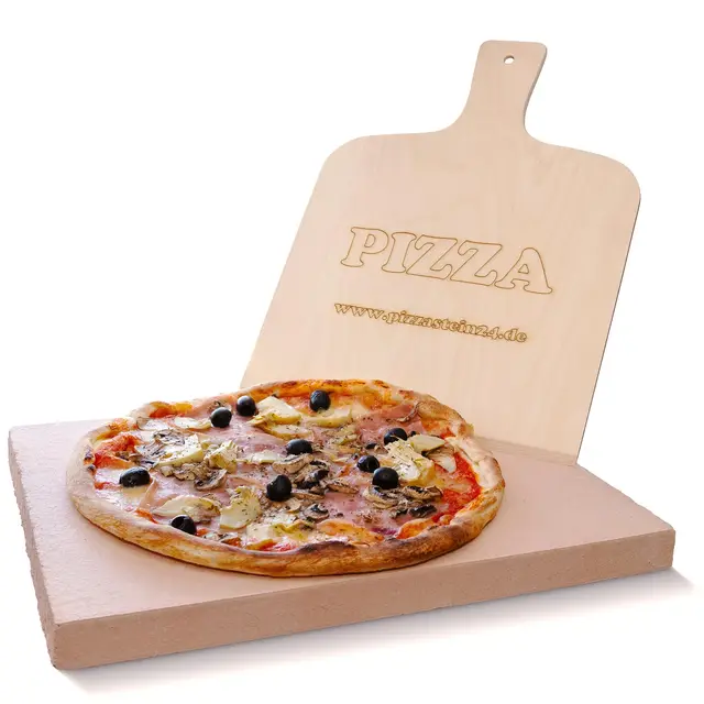 PIZZASTEIN - BROTBACKSTEIN Set, extra dicker lebensmittelechter Schamottestein eckig 40 x 30 x 3 cm mit Pizzaschaufel - für Backofen und Grill - Pizza und Brot wie aus dem Steinbackofen