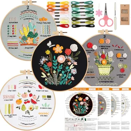 Smart-Feather 4 Sets Blumenstickset für Anfänger, Handstickerei-Sets für Erwachsene mit Reifen, DIY-Kunstprojekt-Bastelset (bunt)