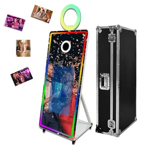 Tragbarer magischer Spiegel-Fotokabine, 165,1 cm (65 Zoll), 81,3 cm (32 Zoll) Touchscreen-Spiegel, Fotokabine mit RGB-Licht, Selfie-Fotokabine mit Flughülle (weiß, 165,1 cm (32 Zoll) Bildschirm))
