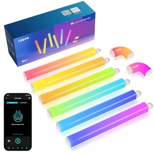 Lepro AI Glide Wall Light WL1, Wandleuchte mit App-, Musik- und Sprachsteuerung, kompatibel mit Alexa&Google Assistant, Personalisierter KI-Lichtdesigner für Gaming,Wand Deko, 6 Stück und 2 Ecke