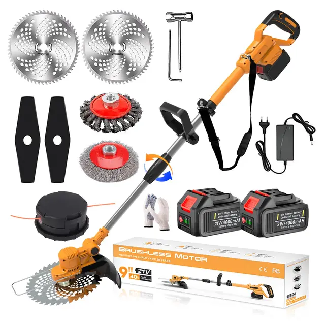 Rasentrimmer mit Akku und Unkrautbürste, 21V Bürstenloser Freischneider Akku Elektro Motorsense mit 4 Klingentypen & Ladegerät, Verstellbarer Griff, 90°Schwenkbarem Kopf, Orange,b