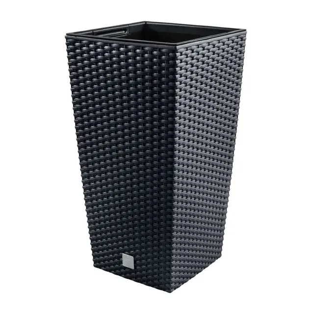 Prosperplast Blumentopf in Rattan-Optik Pflanzkübel mit Einsatz | 26,5 x 26,5 x 50 cm | anthrazit | wetterfest & UV-beständig | aus robustem Kunststoff | für Innen- und Außenbereich