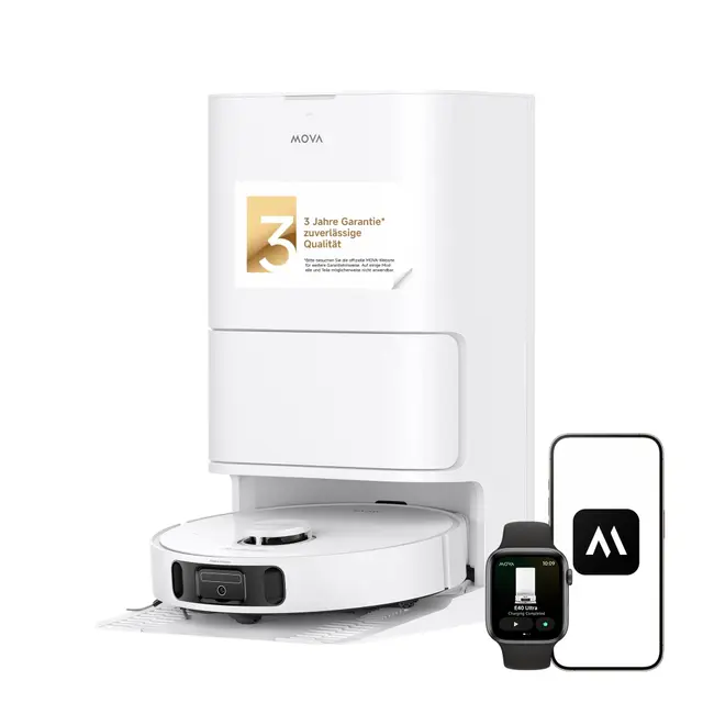 Mova E40 Ultra Saugroboter mit Wischfunktion, Autom. Leerung und 19.000 Pa, MaxiReach-Wischmopp-T., Verhedderungsfreie Seitenbürste, Eingeb. 80-ml-Wasserb, All-in-One-Station zu 75 Tage Reinigung
