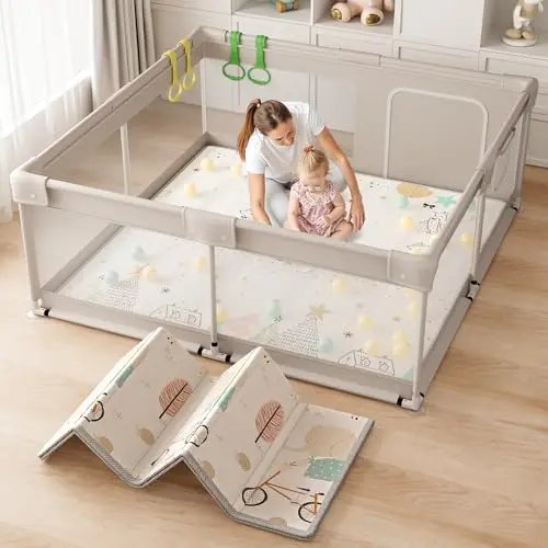 Laufstall Baby 150×150cm - XXL Laufgitter Baby mit Spielmatte, Laufgitter mit Atmungsaktivem Netz an Vier Seiten und Saugnäpfen
