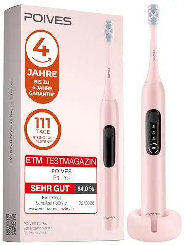 Schallzahnbürste Testsieger 2026* POIVES P1 Pro - Bestnote SEHR GUT**, 4 Jahre Garantie & 111 Tage Risikofrei testen***, Drucksensor schützt Zähne, Ultraschall Elektrische Zahnbürste, Perlmutt Rosa