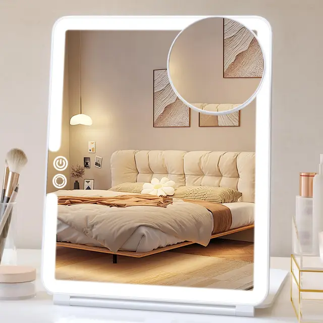FUNTOUCH Kosmetikspiegel mit Beleuchtung, 1X 10X Spiegel Vergrößerung, 2500 mAh USB Aufladbarer Beleuchteter Reisespiegel, 3 Farben Winstellbarer Led Schminkspiegel, Make up Spiegel für Reisen (Weiß)