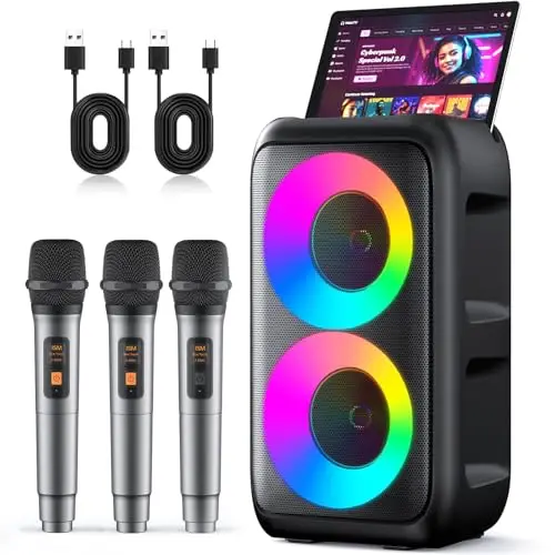 Karaoke-Maschine, tragbarer Bluetooth-Lautsprecher mit 3 kabellosen Karaoke-Mikrofonen, mit DREI Mikrofonen, 10 W Karaoke für Erwachsene und Kinder, mit verbessertem Subwoofer, PA-System, unterstützt