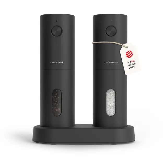 LARS NYSØM Salz und Pfeffermühlen Elektrisch Set I Keramikmahlwerk fein bis grob I USB Wiederaufladbar mit Ladestation I Automatische Salz und Pfefferstreuer I Gewürzmühlen Set (Carbon Black)