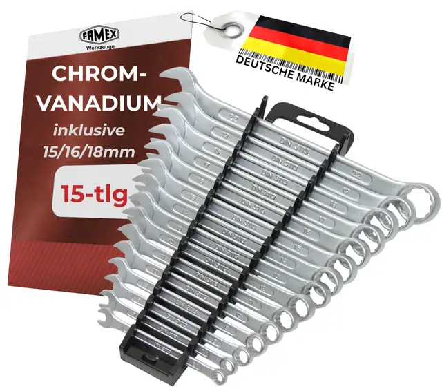 FAMEX 10355-15 Ring Maulschlüssel Set - Gabelringschlüssel Ringmaulschlüssel Schraubenschlüssel Satz - 6-22mm - DIN 3113 - im Werkzeug Halter - 15-tlg. - inkl 15, 16, 18 mm