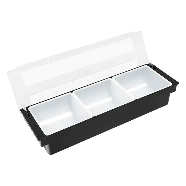 Zutatenbehälter ABS Obstbox Gewürzspender mit 3 Einsätzen Flip-Deckel, Herausnehmbar für Picknick Bar Grill Party, 50x15x10cm, Schwarz+Weiß
