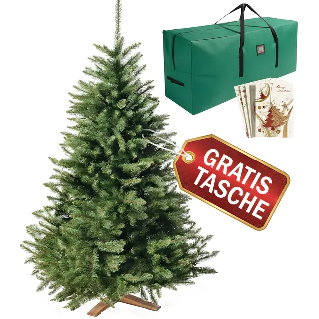 Wolkenland Künstlicher Weihnachtsbaum 220cm, in Premium Qualität - Mit Aufbewahrungstasche und Holzständer – Naturgetreu und mit dicht bestückten Zweigen – Künstliche Weihnachtsbäume