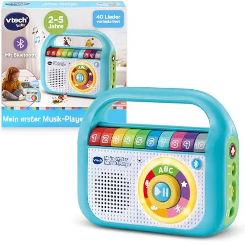 VTech Baby Mein Erster Musik-Player – 40 Lieder & Aufnahmefunktion, LED-Licht, Bluetooth, Mobiler Musikspaß I Lernspielzeug I Tragegriff I Kopfhöreranschluss I Kinder 2-5 Jahre