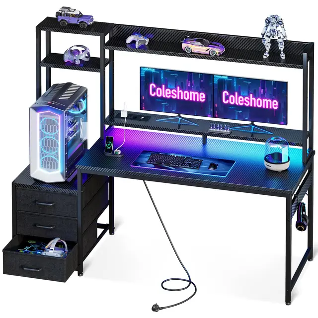 Coleshome Gaming Schreibtisch mit Regal und Schubladen 137 cm
