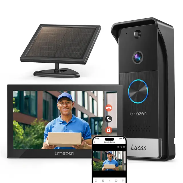 TMEZON WLAN Kabellose Video Türsprechanlage mit 7" Touchscreen, Türklingel mit Kamera & Solarbetrieb, 1080P HD, 160° Weitwinkel, Zwei-Wege-Audio, PIR-Bewegungserkennung, App-Steuerung,2,4/5GHz WiFi