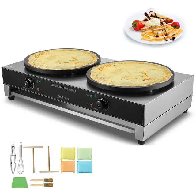 VEVOR elektrischer Crepemaker Crepe-Maschine mit Doppelkopf 3400 W flache Crepe-Grillplatte, antihaftbeschichteter fannkuchenherd aus Edelstahl, runder Cerealien-Pfannkuchenherd, Temperaturregelung