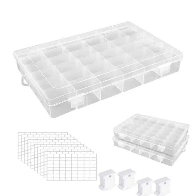 2 Stück Stickgarn Aufbewahrung mit 36 Raster, Kunststoff Aufbewahrungsbox, Aufbewahrungsbox mit 200 Stück Plastikseide Stickgarn Karten, 8 Leere Aufkleber für Basteln Nähen