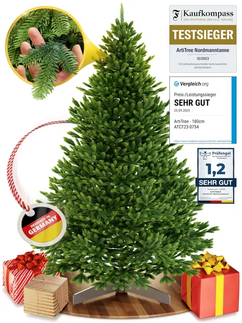 ArtiTree Künstlicher Weihnachtsbaum 180 cm – 100 % Spritzguss Nordfichte | Premium Tannenbaum naturgetreu inkl. FSC-Holzständer & Aufbewahrungstasche