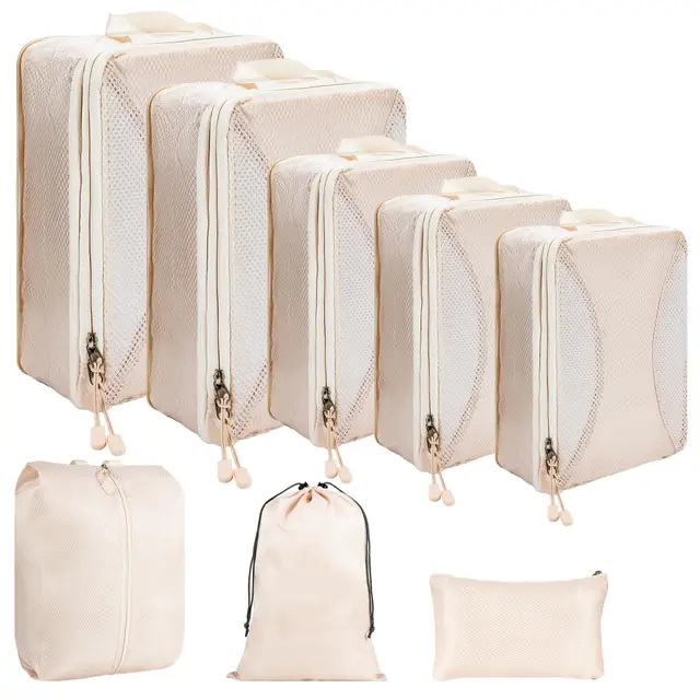 Koffer Organizer Set Kompression 8-teilig – Platzsparende Packwürfel mit Doppelreißverschluss – Wasserdichte Kleidertaschen für Reisen, Urlaub, Handgepäck & Rucksack (Beige)