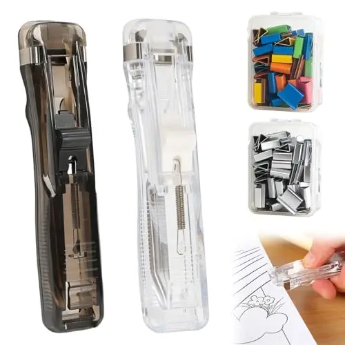 2pcs Reusable Creative Stapler(Schwarz + Transparent), mit 100 Stück Wiederverwendbare Heftklammern(Farbig + Silber), Push Clamp Stapler Holder, Portable Binder Clip Staplers, für Büro Home
