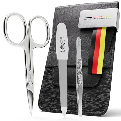 SCHWERTKRONE® Maniküre Set [INKL. ETUI] - 3-teiliges Nagelscheren Set aus Edelstahl - Nagel-Etui für Damen & Herren - Nagelschere, Nagelfeile & Pinzette - Made in Solingen (Schwarz)