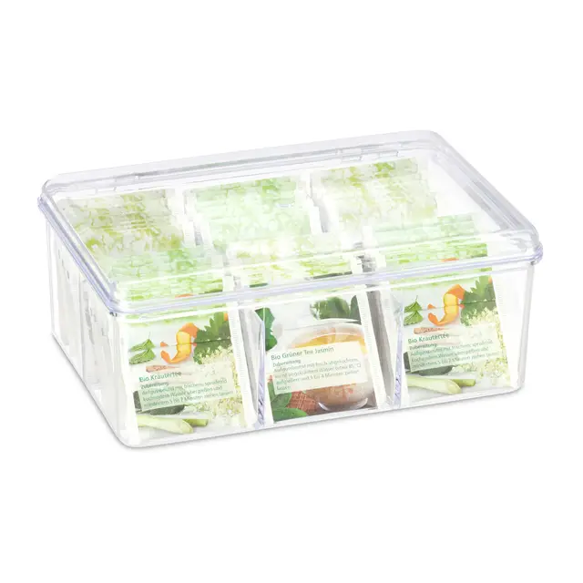 Relaxdays Teebox 6 Fächer Klappdeckel transparent