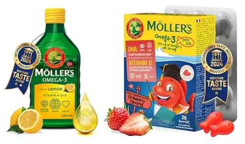 Möller’s ® | Omega 3 Familien Bundle | Lebertran Zitrone flüssig + Omega-3 Jelly Fish Erdbeere | DHA & EPA mit Vitamin A, D & E | Für Kinder & Erwachsene | Norwegische Qualität