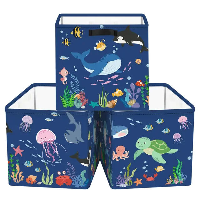 Clastyle 3 Stück Meerestiere Aufbewahrungsbox Stoff für Kallax Faltbar Aufbewahrungskorb Klein Schrank Organizer Kleiderschrank für Regal, Blau, 30x30x30 cm