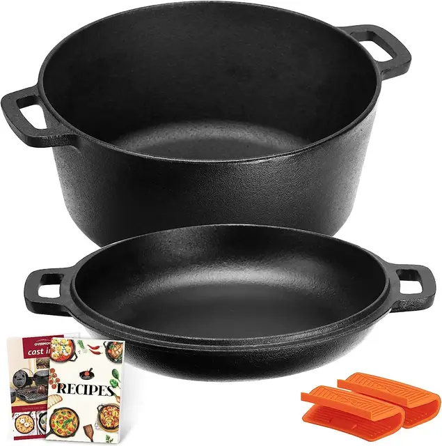 Overmont Gusseisen Topf Dutch Oven einsatzfertig eingebrannt Doppelfunktion Deckel/Bratpfanne für Küche Camping Garten BBQ Backen Gasgrill