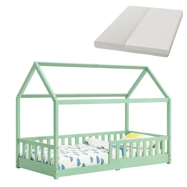 Juskys® Kinderbett Marli 90 x 200 cm mit Matratze, Rausfallschutz, Lattenrost & Dach - Massivholz Hausbett für Kinder - Bett in Mint