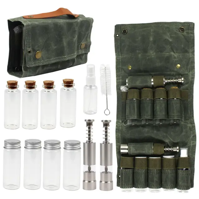 Tragbare Outdoor Gewürztasche Faltbarer Camping Gewürz Aufbewahrungstasche mit 8 Gewürzgläsern, 2 Gewürzmühle, 1 Öl Sprühflasche, 1 Reinigungsbürste