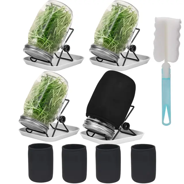 Hisredsun keimgläser-Set, 4 Einmachgläser mit breiter Öffnung und 304 Edelstahl-Siebkeimdeckel, 86 mm Kaliber, 1000 ml, mit Tablett, Ständer, Schattiertuchbeutel und Dosenbürste