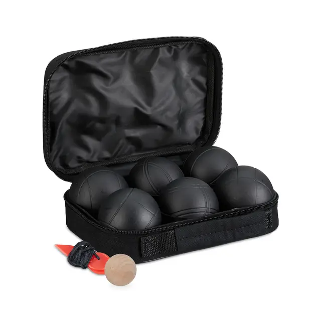 Relaxdays Boule Kugeln, 6 Metall-Kugeln, Set mit Zielkugel & Abstandsmesser, Tragetasche, Boccia Spiel, Stahl, schwarz