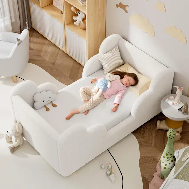 Kinderbett, 140 x 70 cm, weiches Bodenbettgestell, extra breites Sicherheitsbett für Mädchen und Jungen (Matratze Nicht enthalten), Weiß